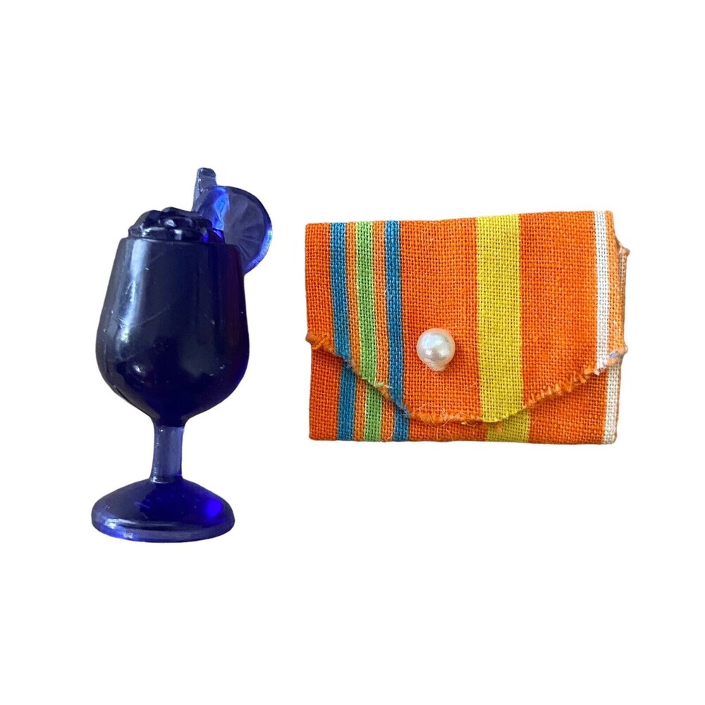 Barbie doll Orange Striped clutch purse with Blue Drink Glass lot of 2